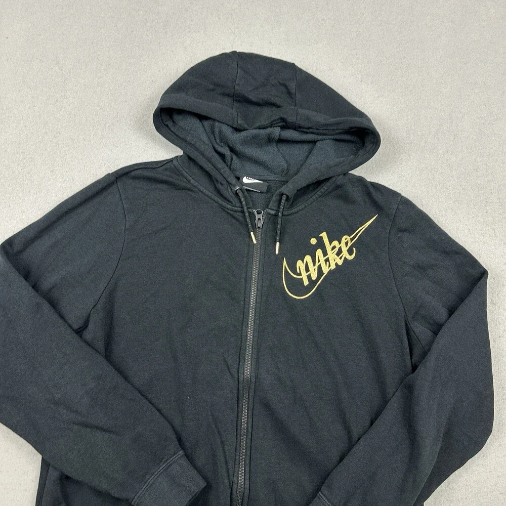 Nike Hoodie Women Medium Black Solid Gold Swoosh Spell Out Sweatshirt M